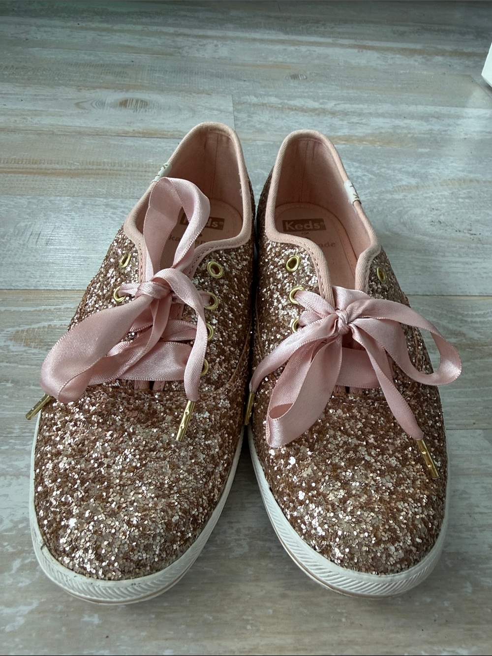Keds Rose Gold Glitter Sneakers with Blush Ribbon Laces